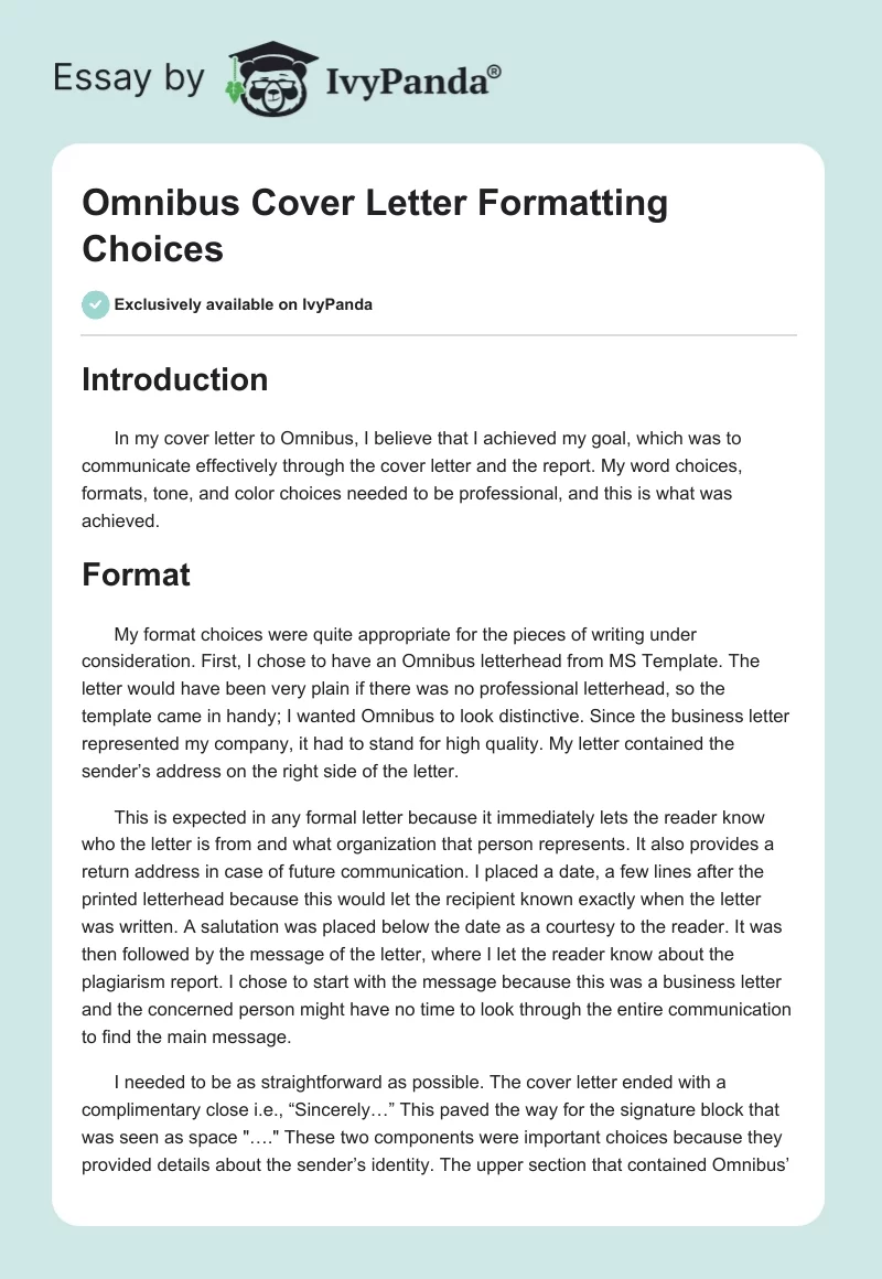 Omnibus Cover Letter Formatting Choices. Page 1