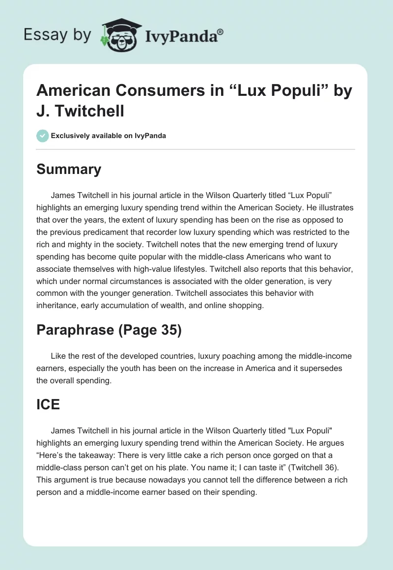 American Consumers in “Lux Populi” by J. Twitchell. Page 1