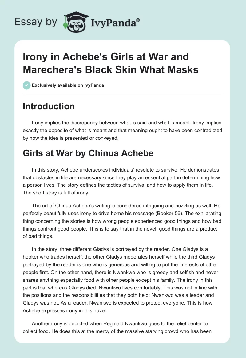 Irony in Achebe's "Girls at War" and Marechera's "Black Skin What Masks". Page 1