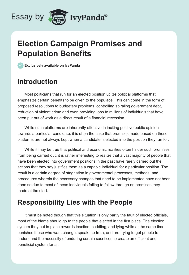 Election Campaign Promises and Population Benefits. Page 1