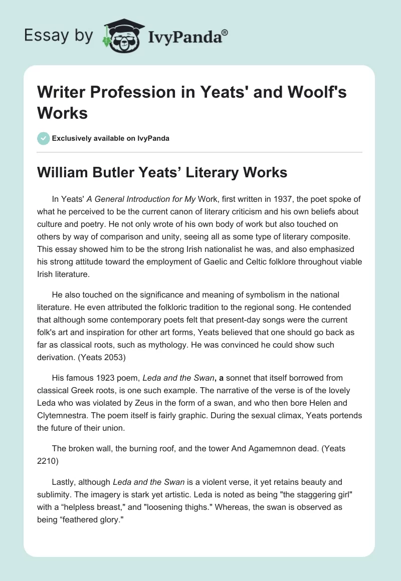 Writer Profession in Yeats' and Woolf's Works. Page 1