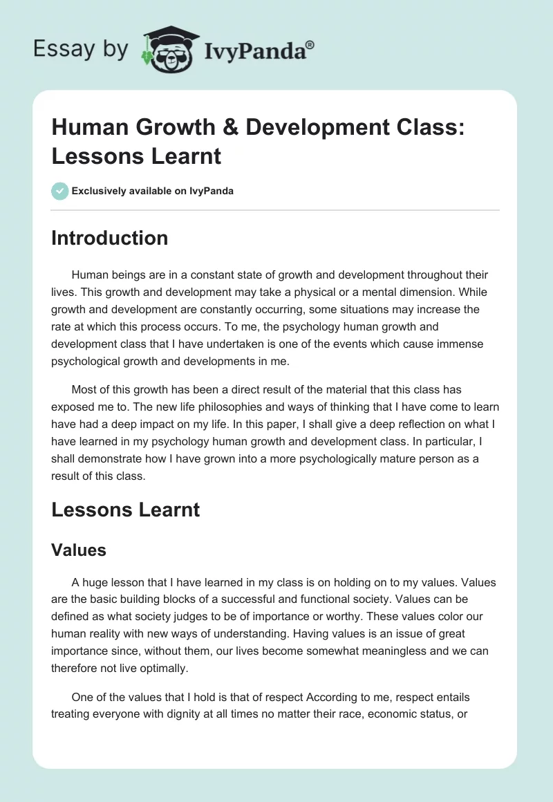 Human Growth & Development Class: Lessons Learnt. Page 1