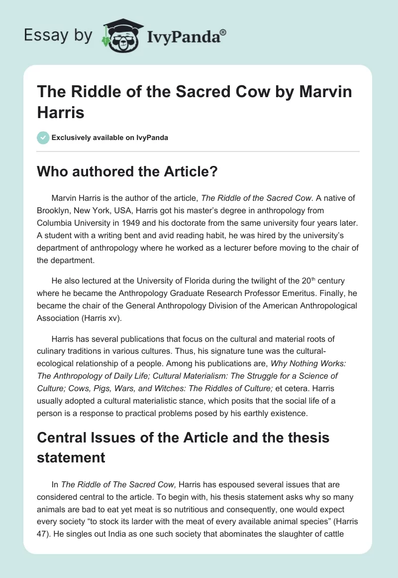 "The Riddle of the Sacred Cow" by Marvin Harris. Page 1