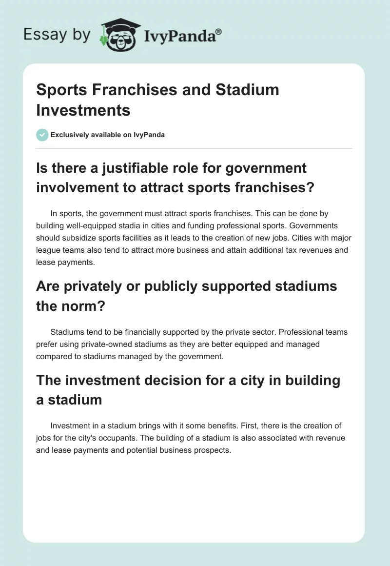 Sports Franchises and Stadium Investments. Page 1