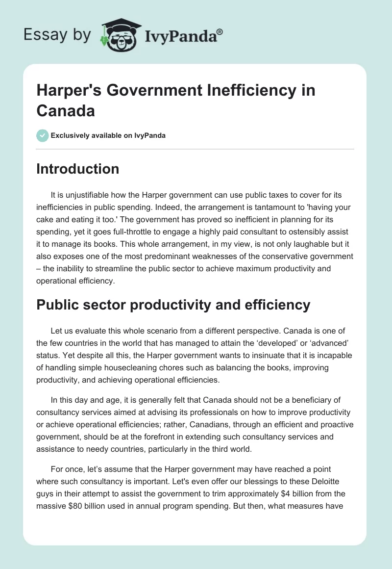 Harper's Government Inefficiency in Canada. Page 1
