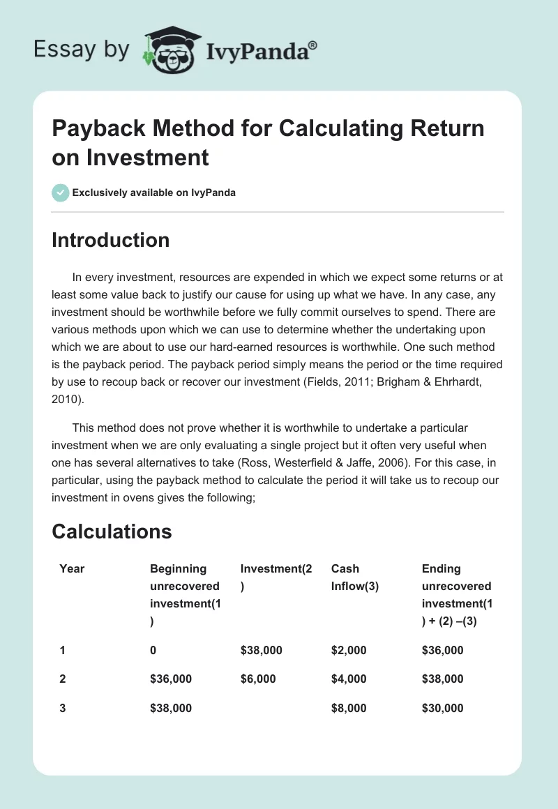 Payback Method for Calculating Return on Investment. Page 1