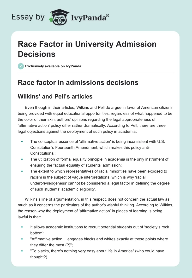 Race Factor in University Admission Decisions. Page 1
