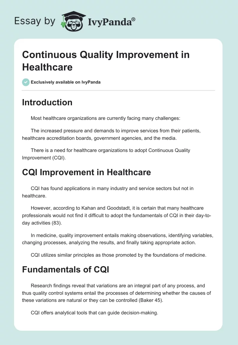 Continuous Quality Improvement in Healthcare. Page 1