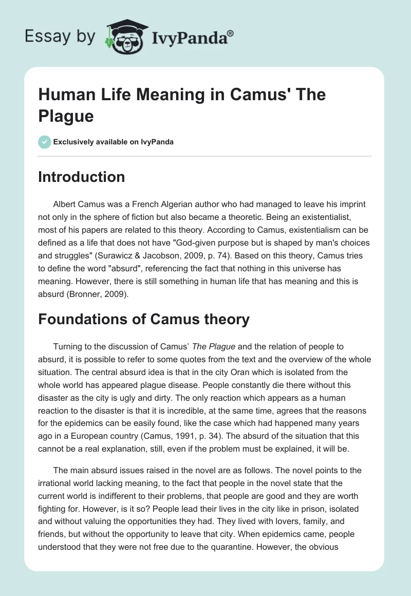 Human Life Meaning in Camus' "The Plague". Page 1