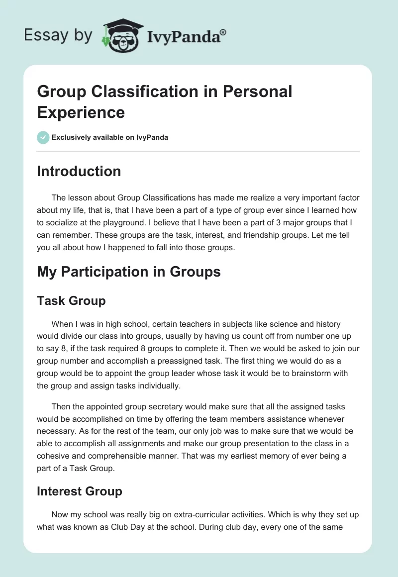 Group Classification in Personal Experience. Page 1
