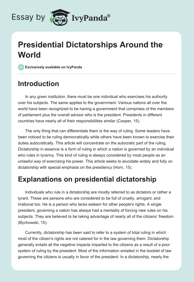 Presidential Dictatorships Around the World. Page 1