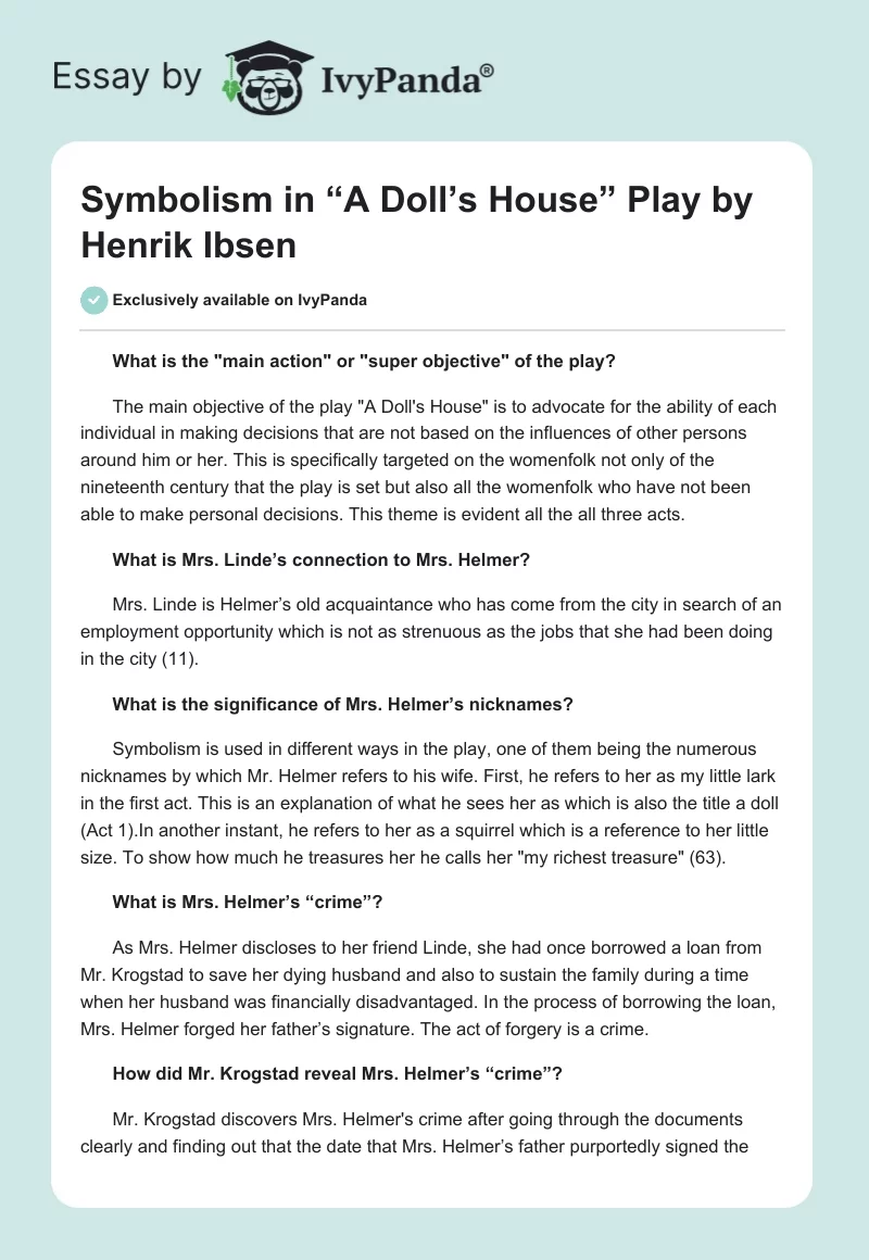 Symbolism in “A Doll’s House” Play by Henrik Ibsen. Page 1