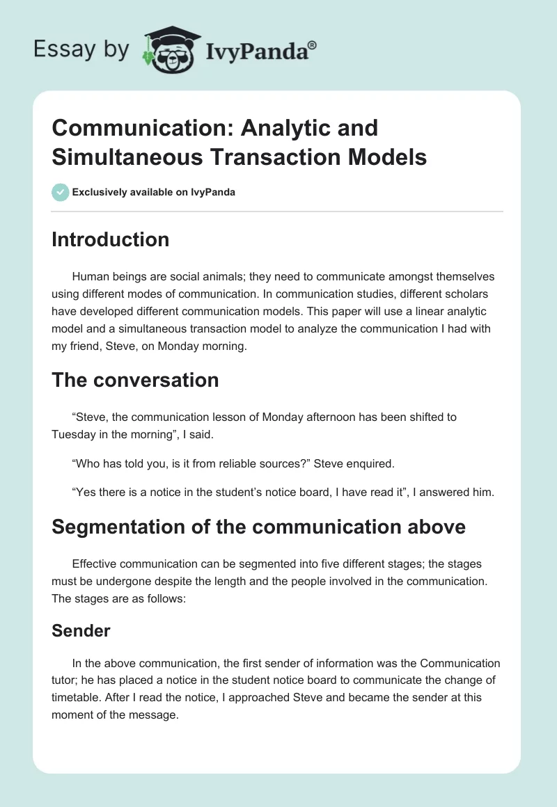 Communication: Analytic and Simultaneous Transaction Models. Page 1