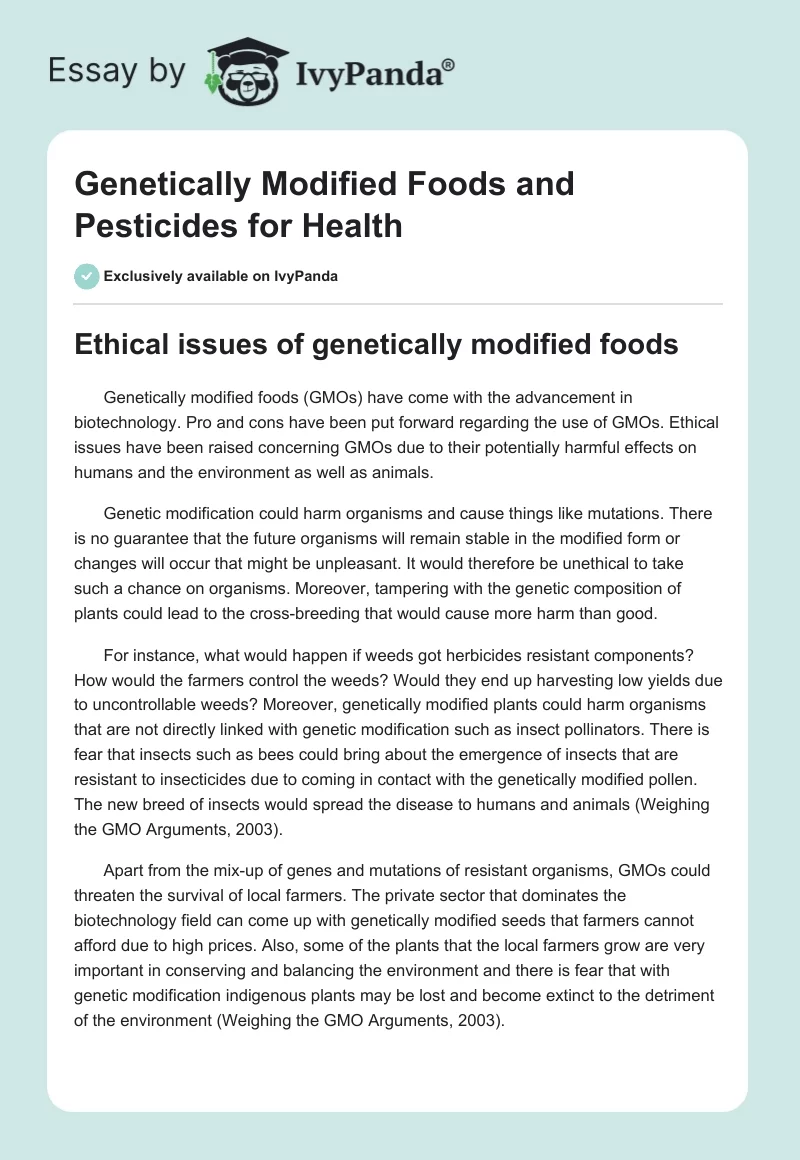 Genetically Modified Foods and Pesticides for Health. Page 1