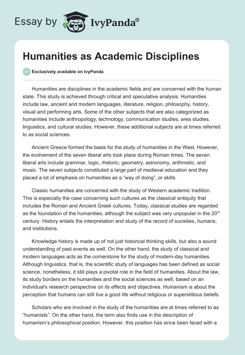 Humanities as Academic Disciplines. Page 1