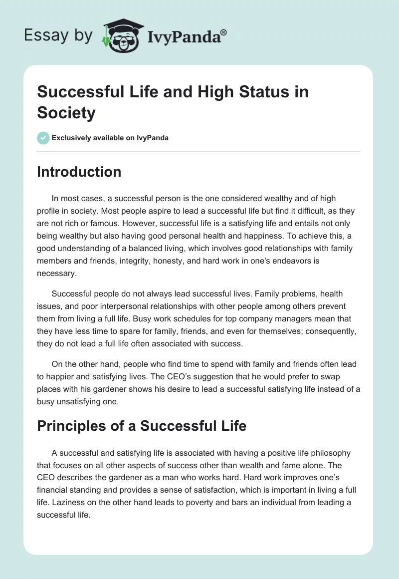 Successful Life and High Status in Society. Page 1
