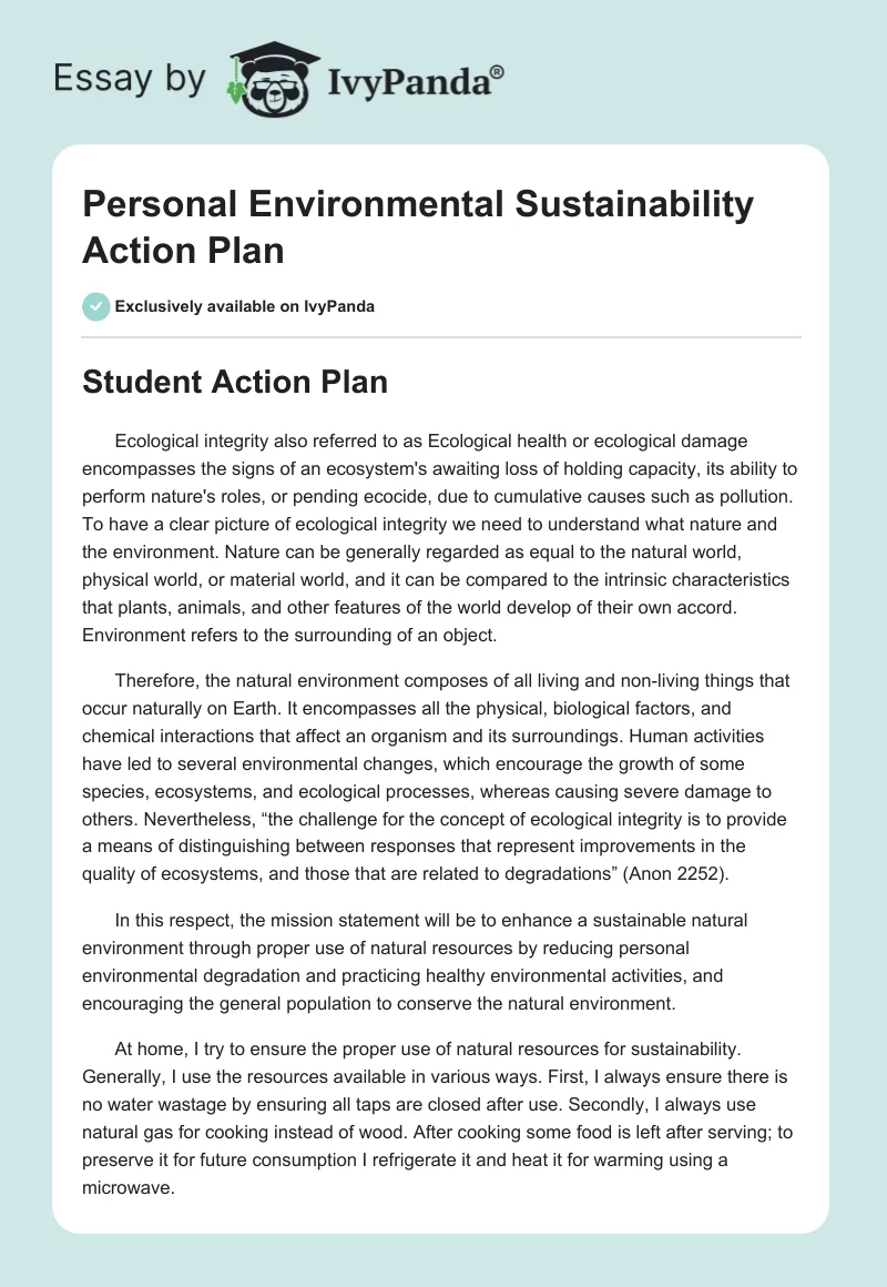 Personal Environmental Sustainability Action Plan. Page 1