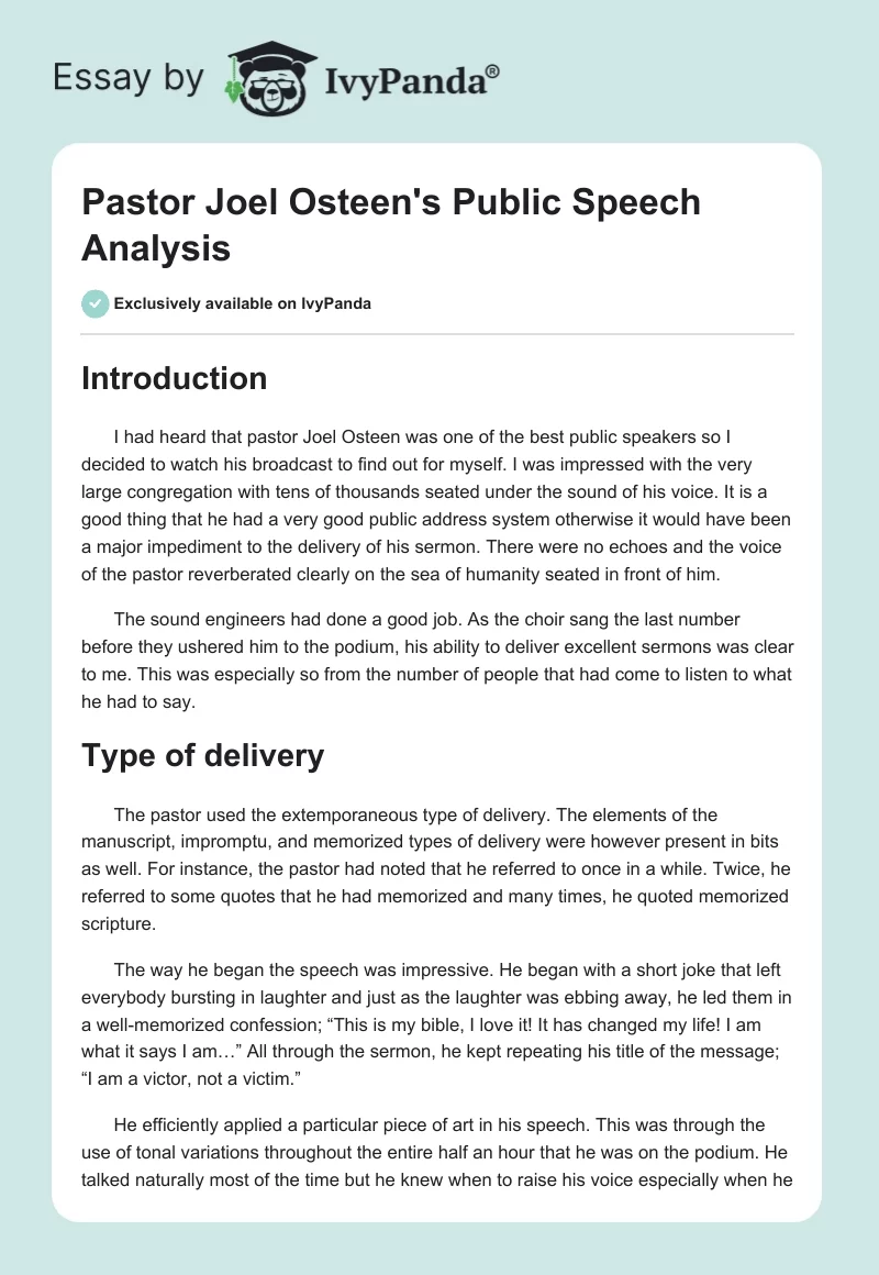 Pastor Joel Osteen's Public Speech Analysis. Page 1