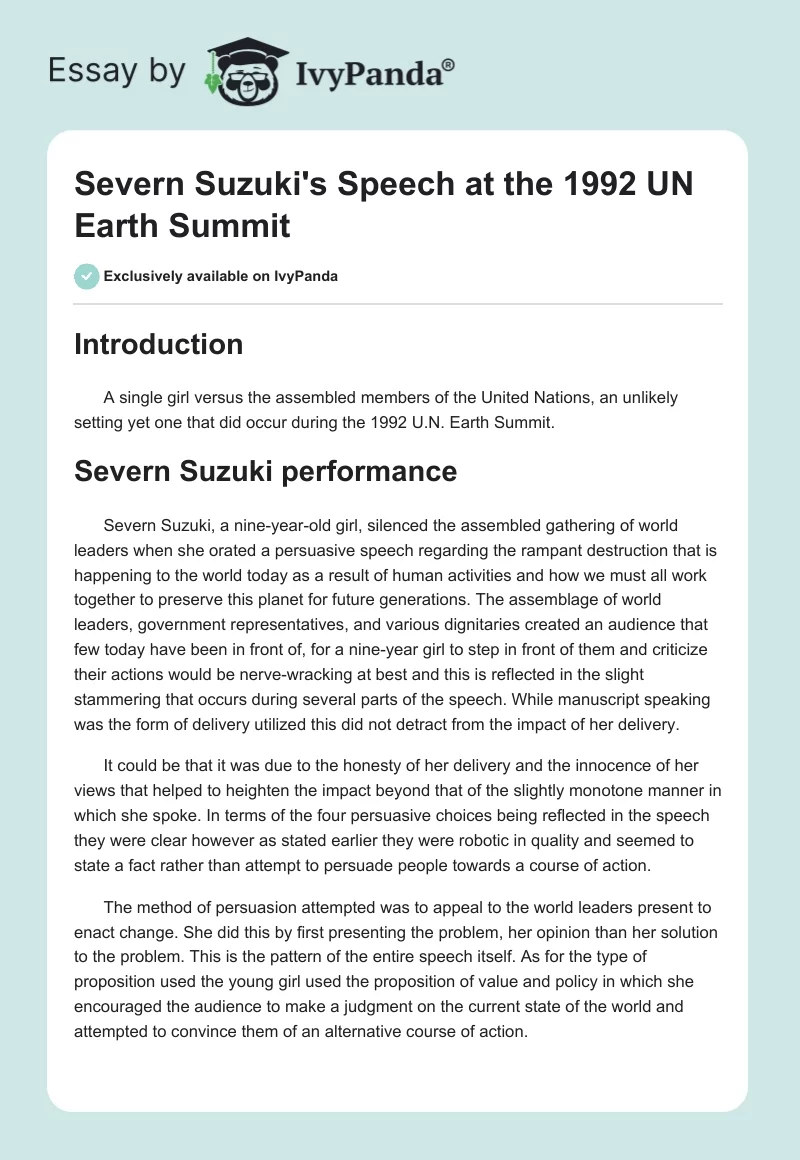 Severn Suzuki's Speech at the 1992 UN Earth Summit. Page 1