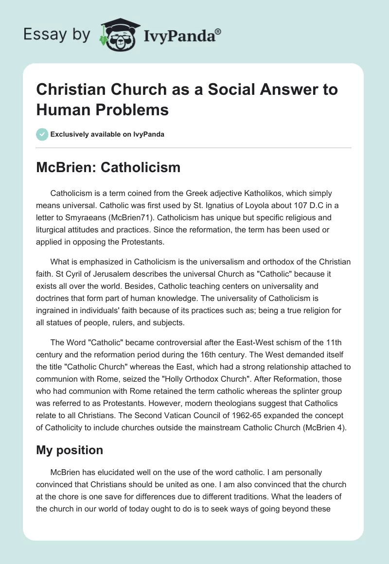 Christian Church as a Social Answer to Human Problems. Page 1
