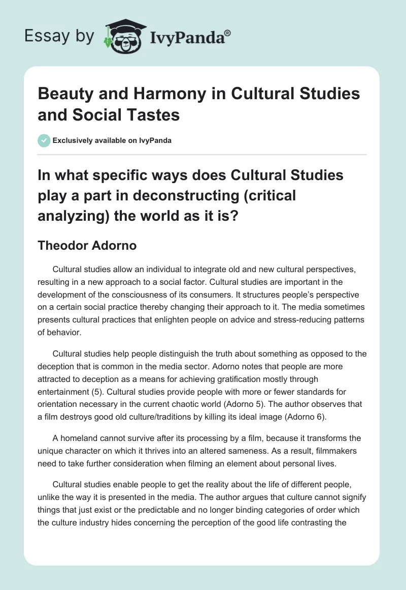 Beauty and Harmony in Cultural Studies and Social Tastes. Page 1