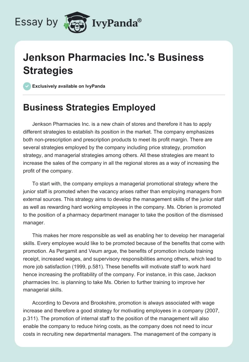 Jenkson Pharmacies Inc.'s Business Strategies. Page 1