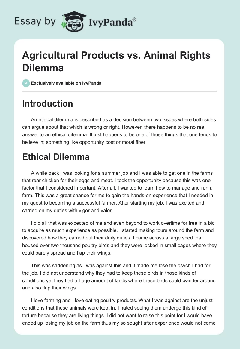 Agricultural Products vs. Animal Rights Dilemma. Page 1