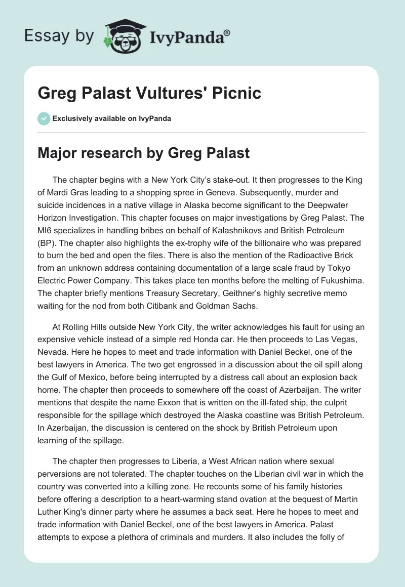 Greg Palast "Vultures' Picnic". Page 1