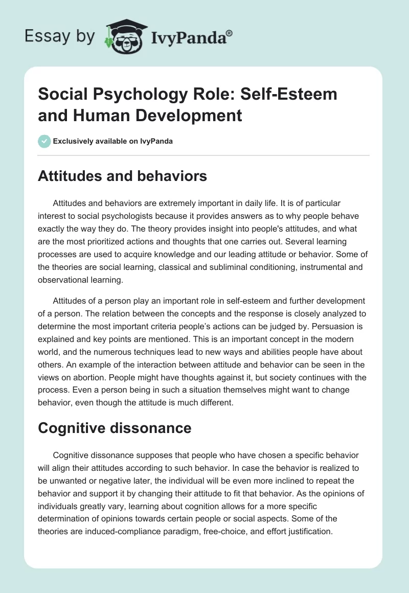 Social Psychology Role: Self-Esteem and Human Development. Page 1