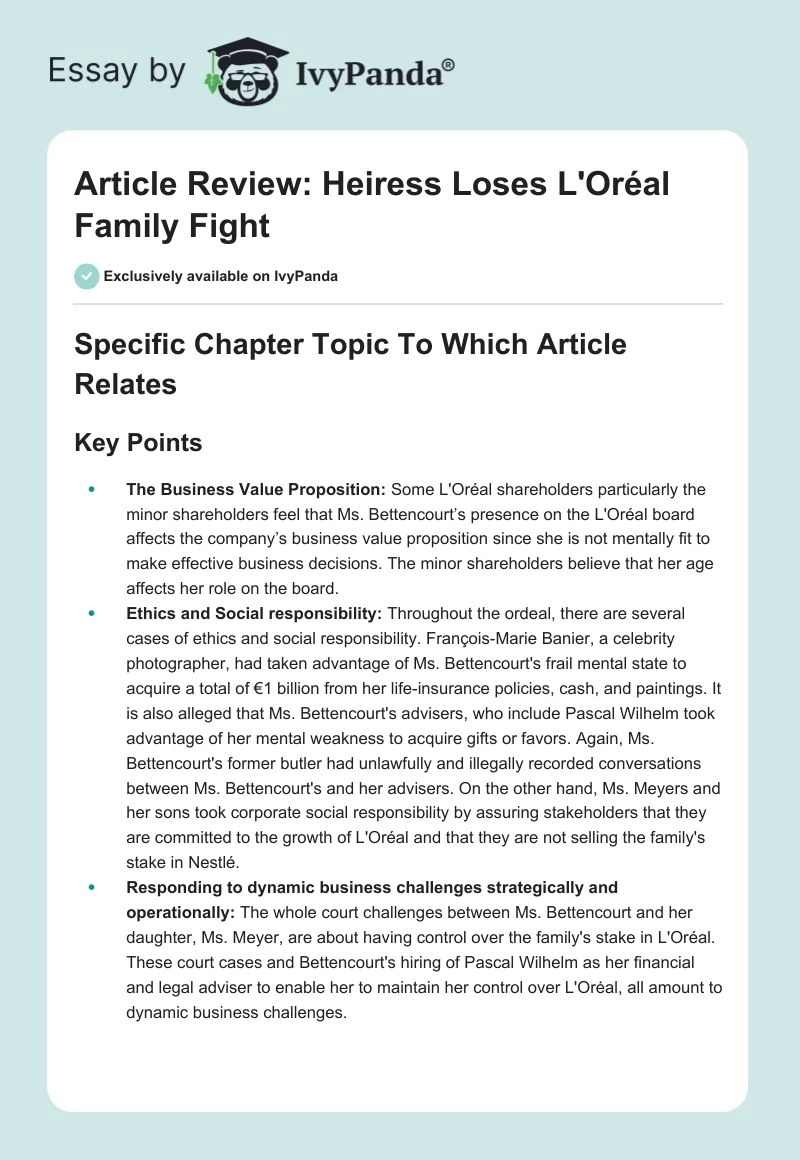 Article Review: "Heiress Loses L'Oréal Family Fight". Page 1