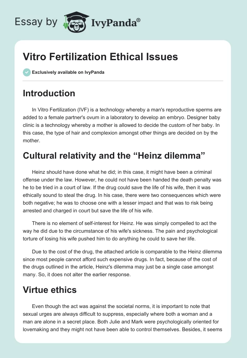 Vitro Fertilization Ethical Issues. Page 1
