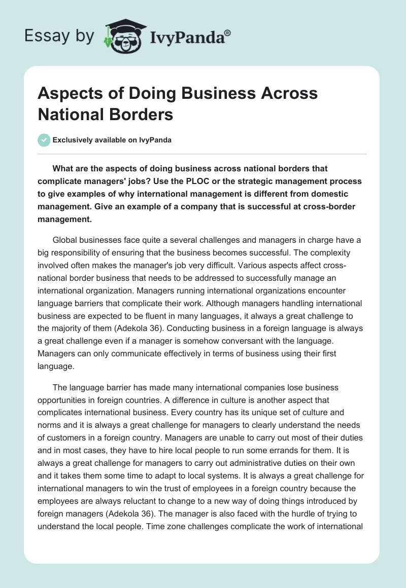 Aspects of Doing Business Across National Borders. Page 1