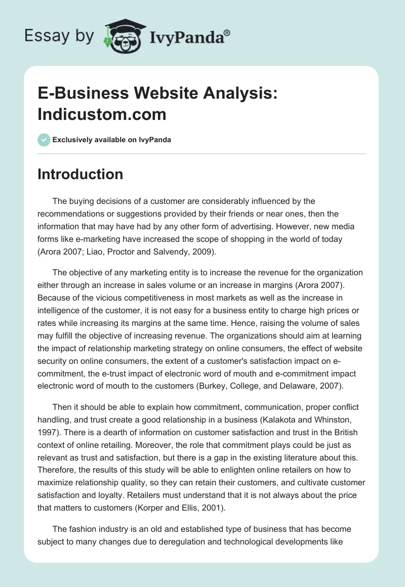 E-Business Website Analysis: Indicustom.com. Page 1