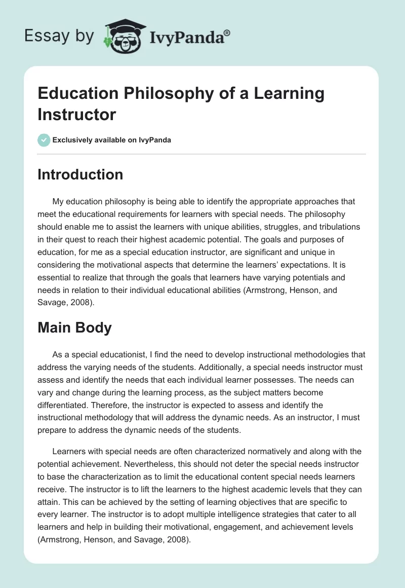 Education Philosophy of a Learning Instructor. Page 1