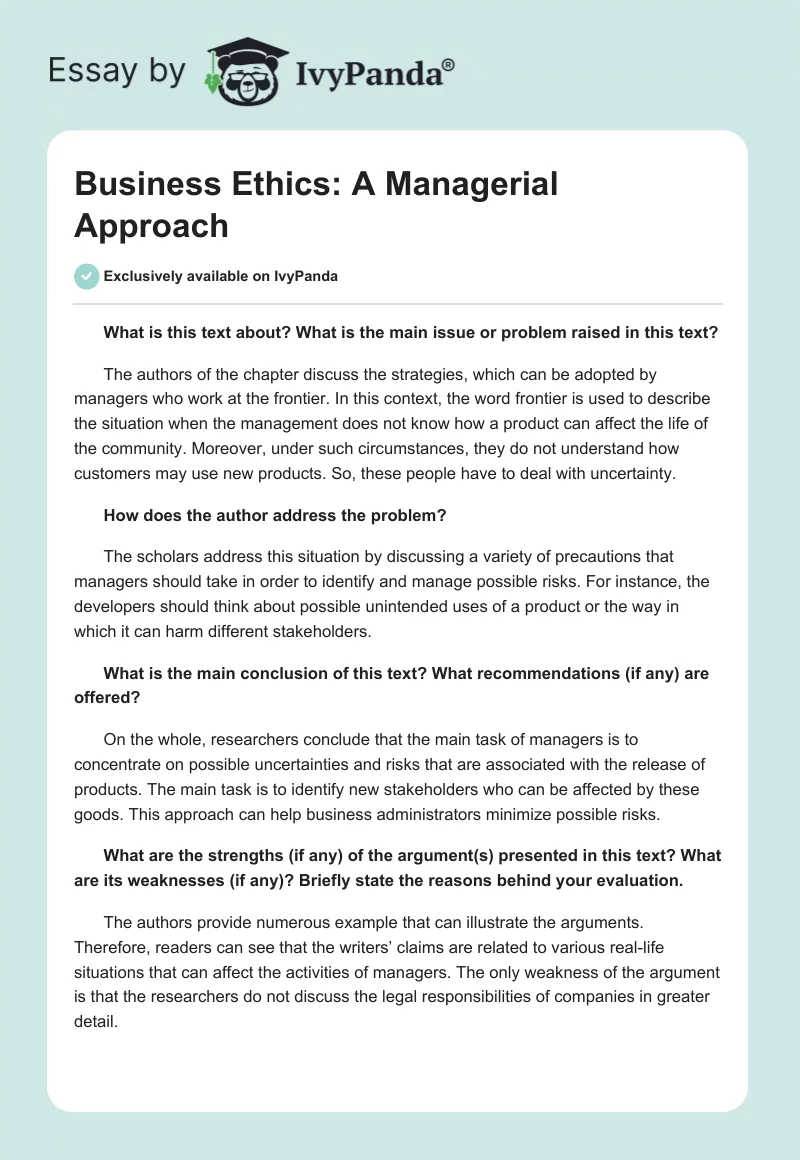 Business Ethics: A Managerial Approach. Page 1