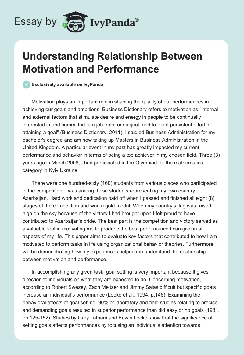 Understanding Relationship Between Motivation and Performance. Page 1
