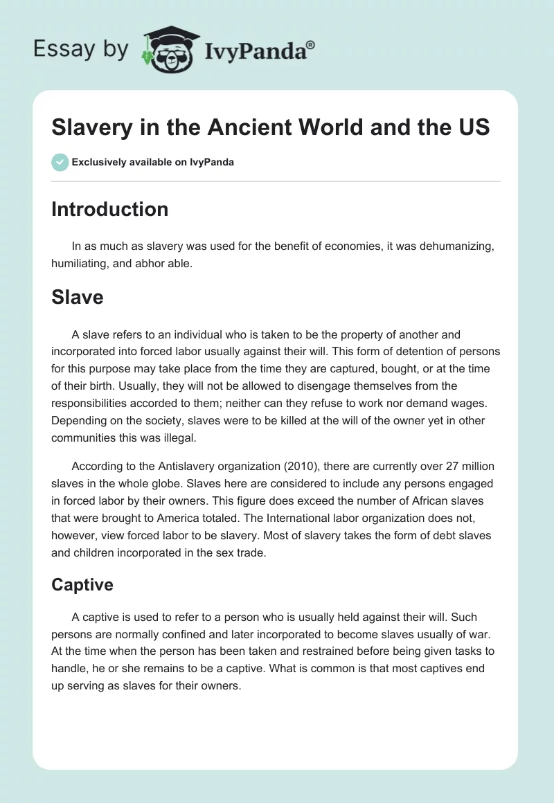 Slavery in the Ancient World and the US. Page 1