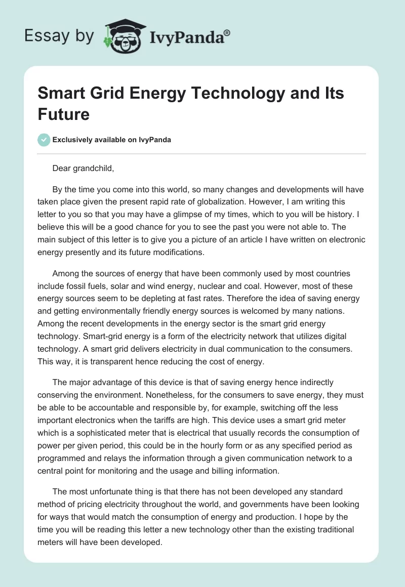 Smart Grid Energy Technology and Its Future. Page 1
