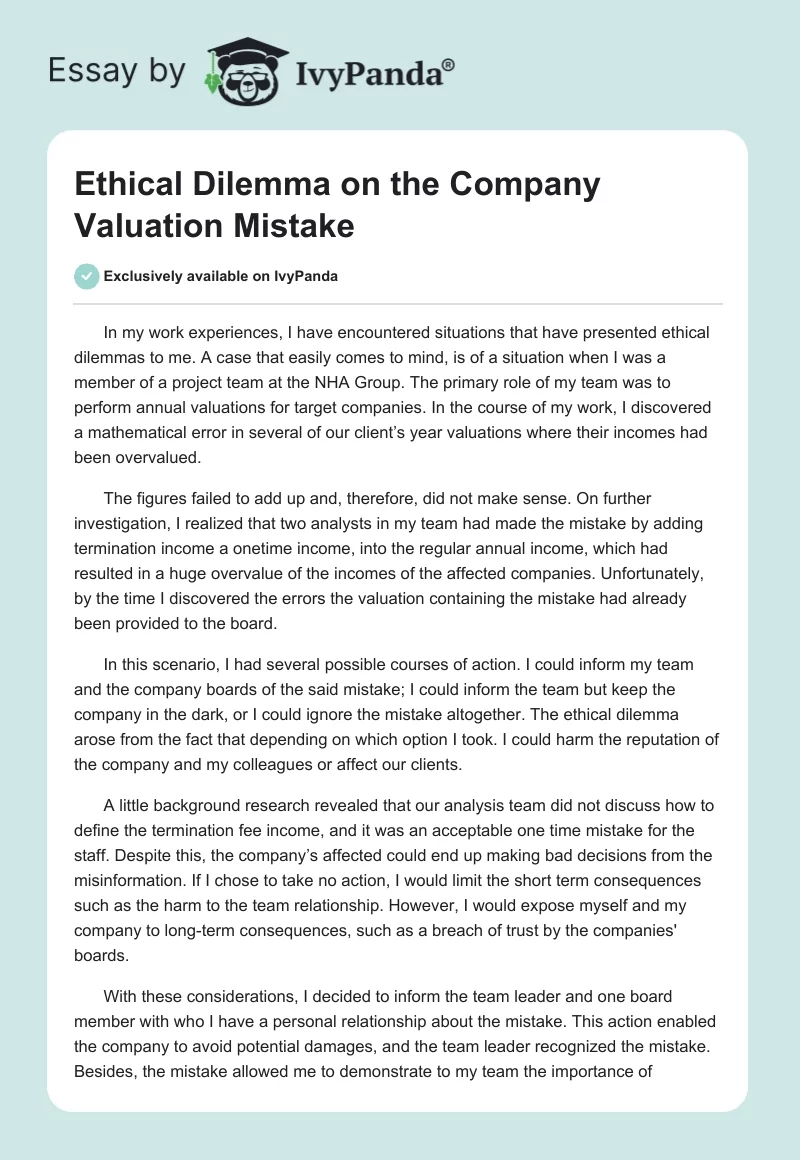 Ethical Dilemma on the Company Valuation Mistake. Page 1