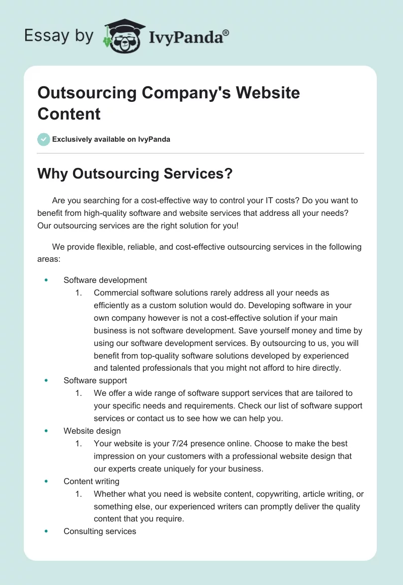 Outsourcing Company's Website Content. Page 1