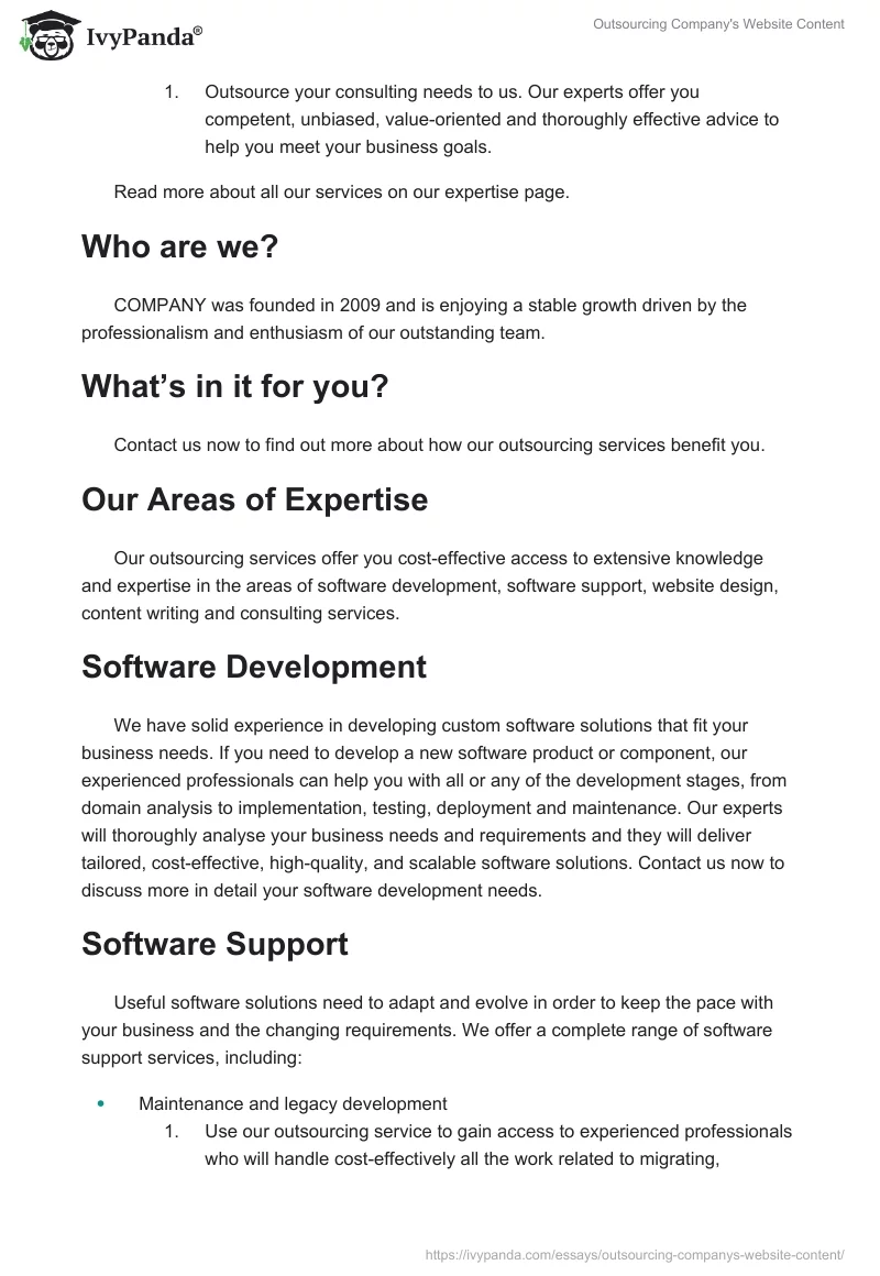 Outsourcing Company's Website Content. Page 2