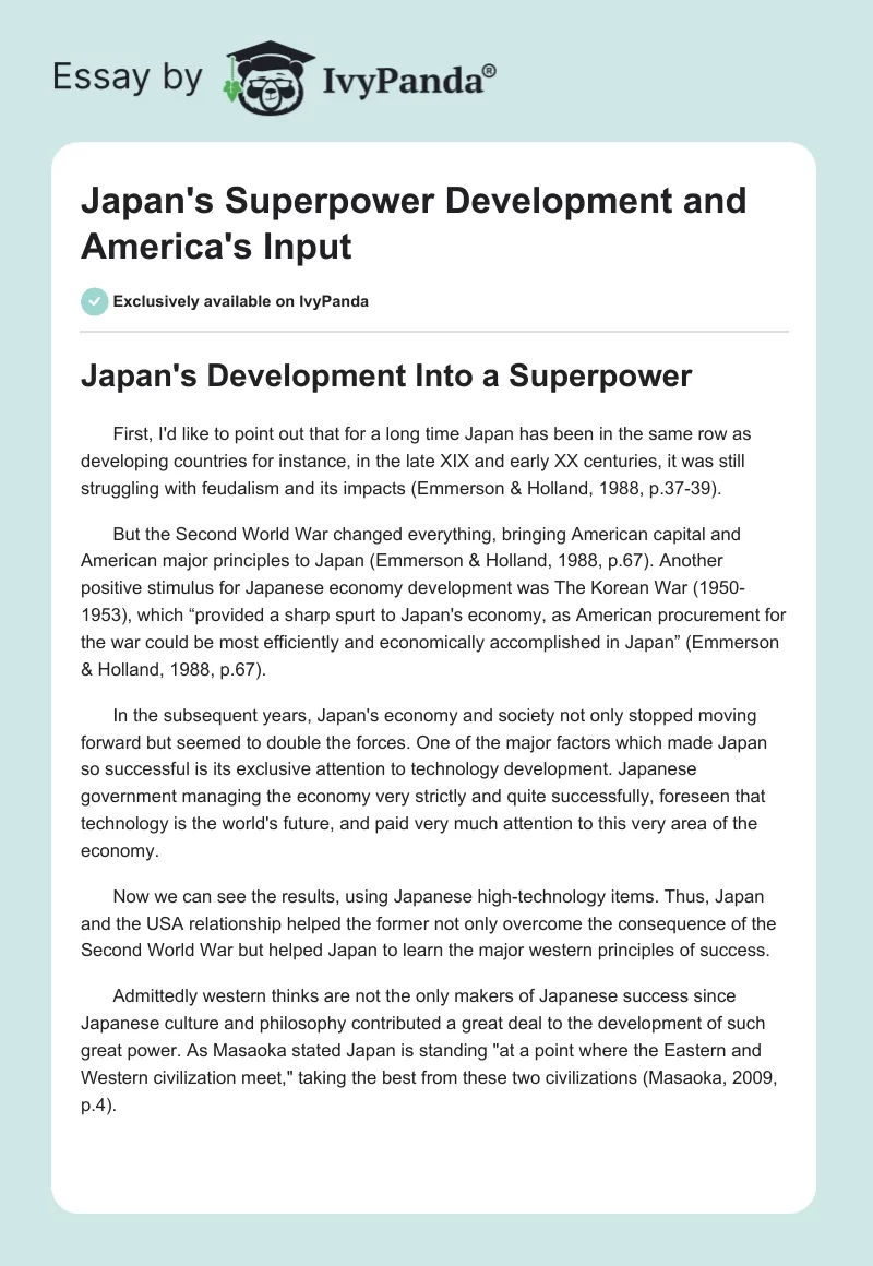 Japan's Superpower Development and America's Input. Page 1
