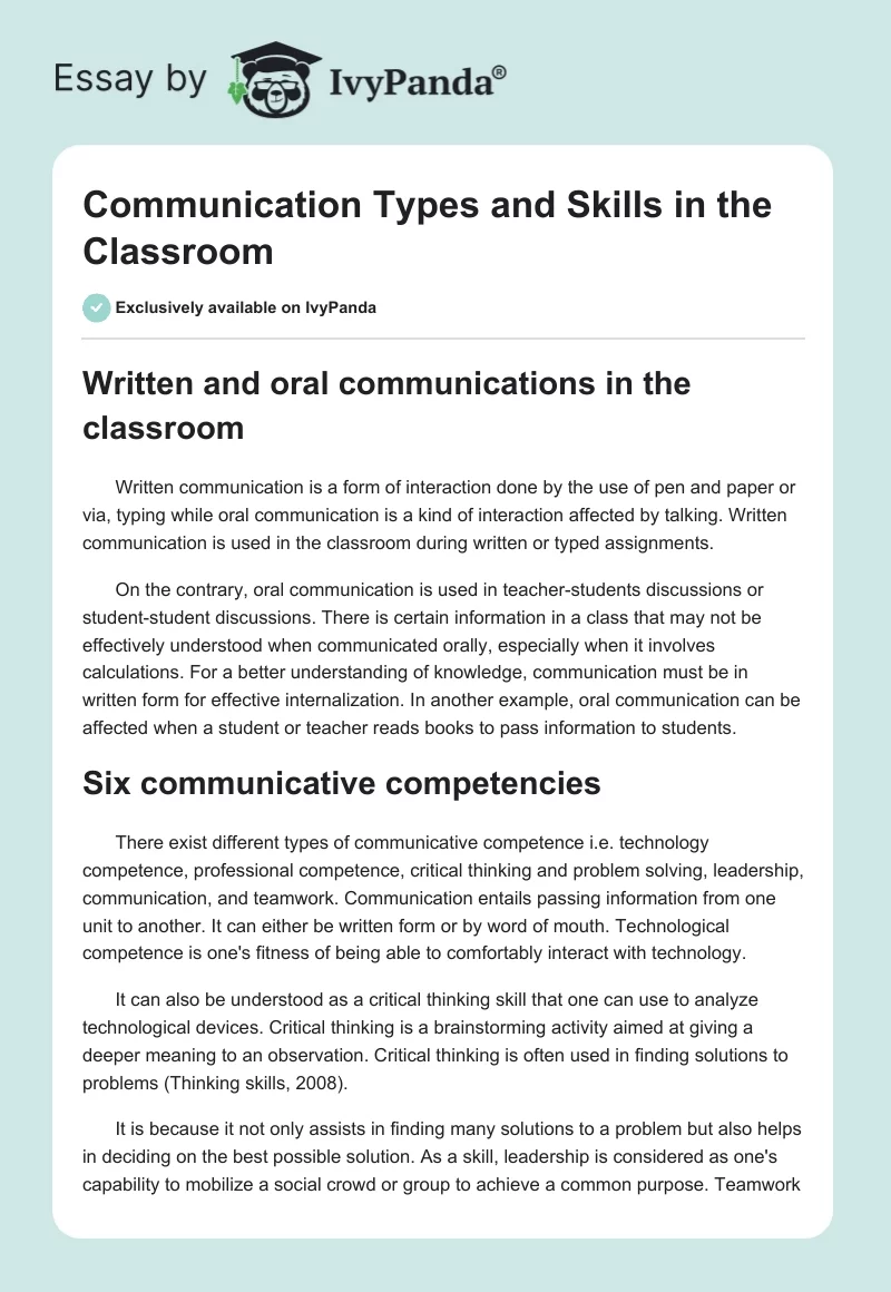 Communication Types and Skills in the Classroom. Page 1
