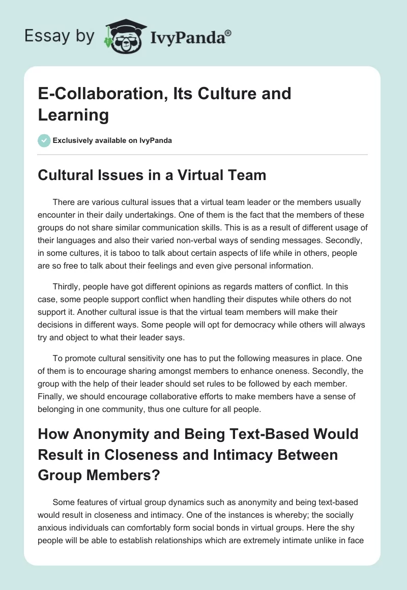 E-Collaboration, Its Culture and Learning. Page 1