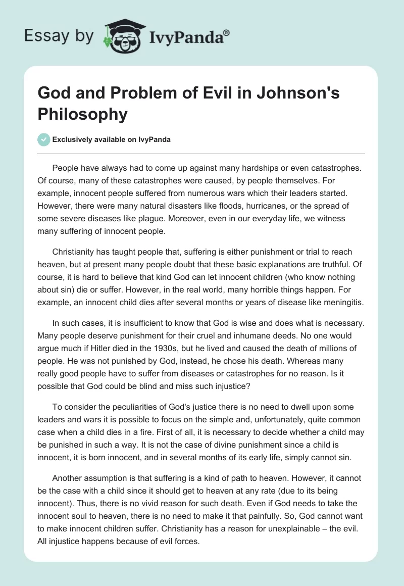 God and Problem of Evil in Johnson's Philosophy. Page 1
