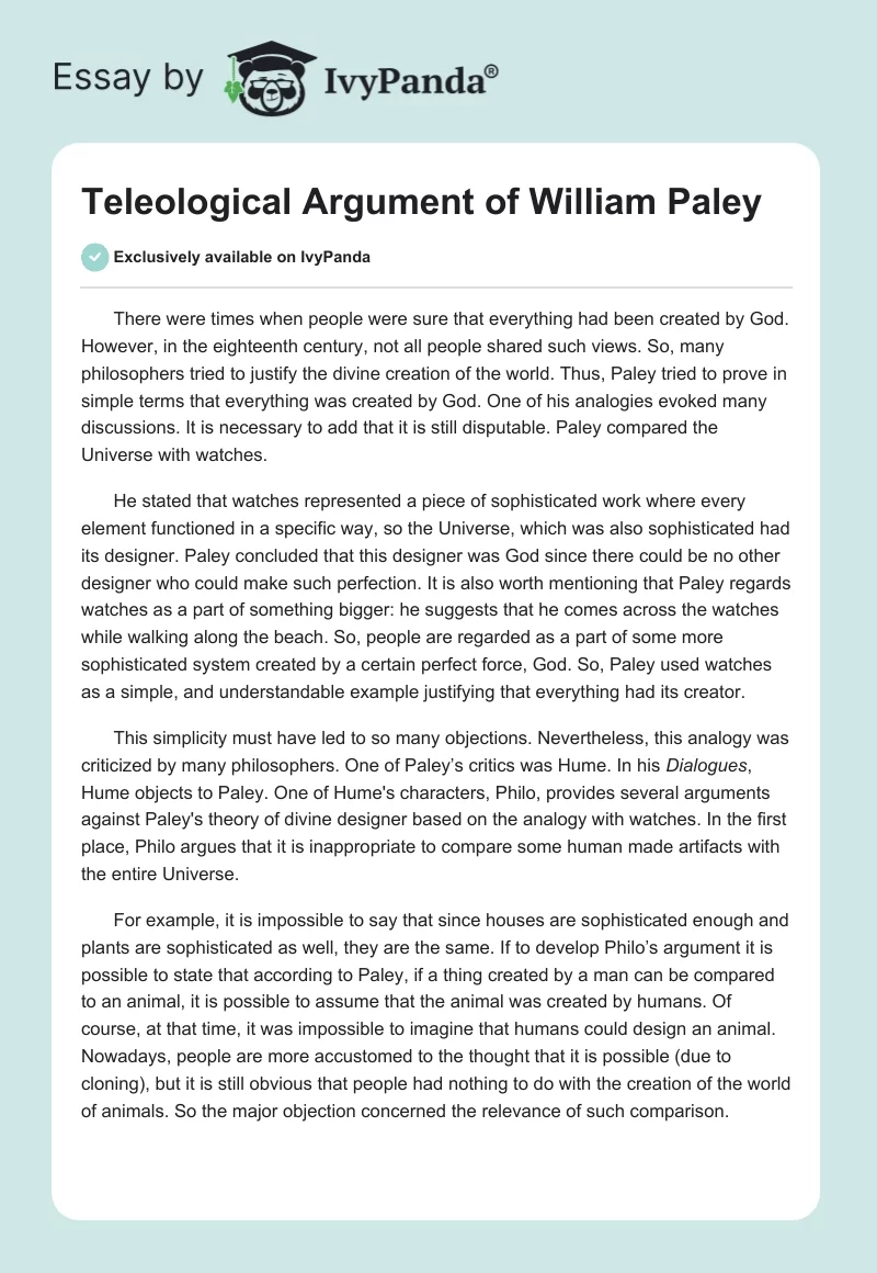 Teleological Argument of William Paley. Page 1