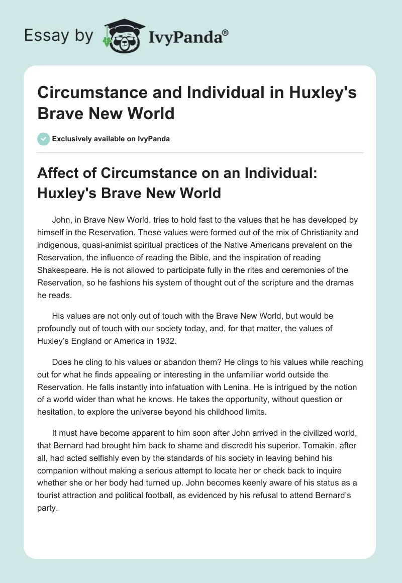 Circumstance and Individual in Huxley's "Brave New World". Page 1