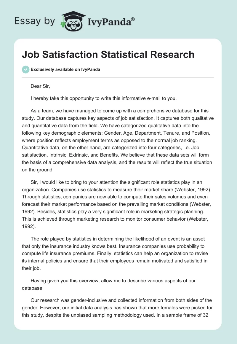 Job Satisfaction Statistical Research. Page 1