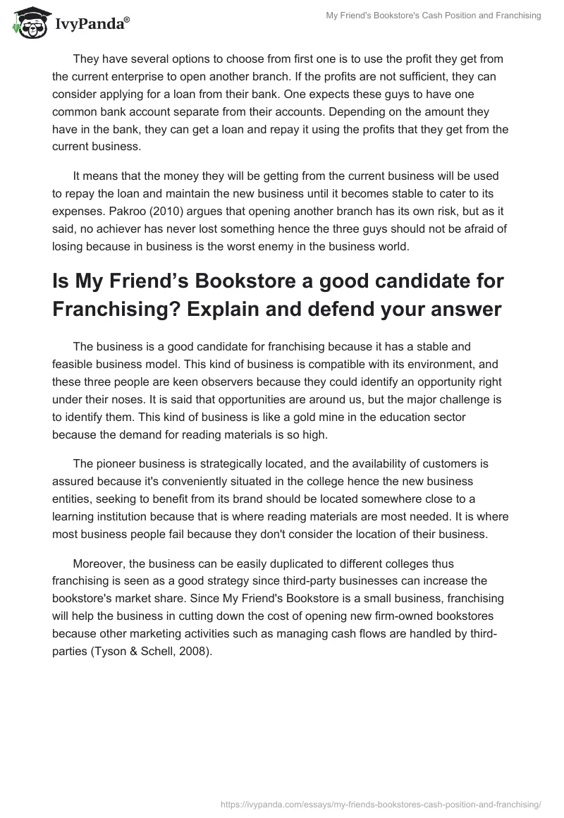 My Friend's Bookstore's Cash Position and Franchising. Page 2