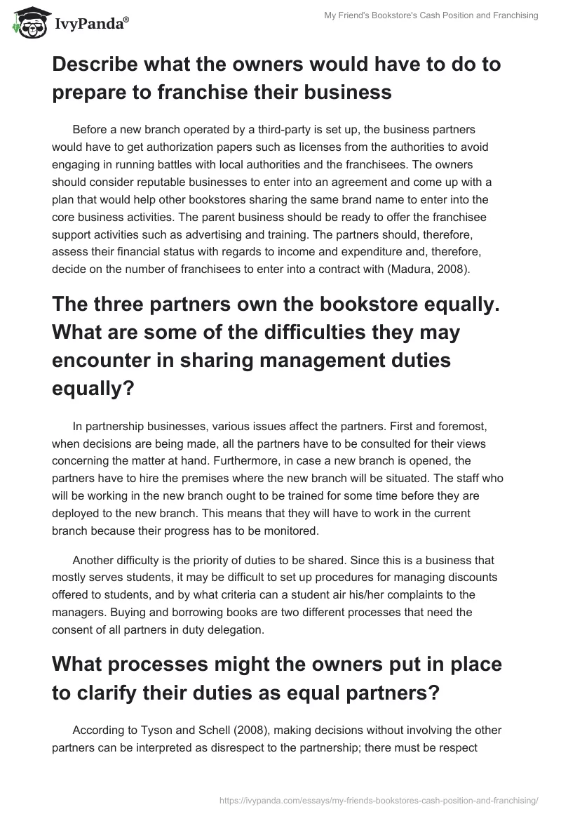 My Friend's Bookstore's Cash Position and Franchising. Page 3